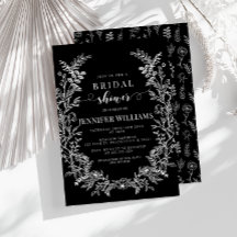 Zwarte bloemenkrans boho bruids douche uitnodiging