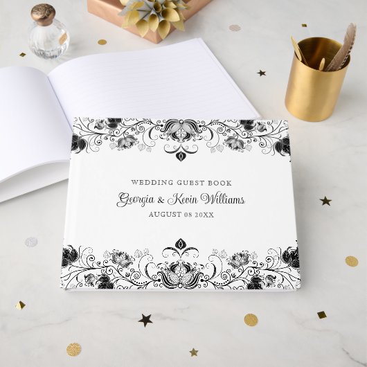 Zwarte bloemenrand op wit gastenboek (Voorkant open)