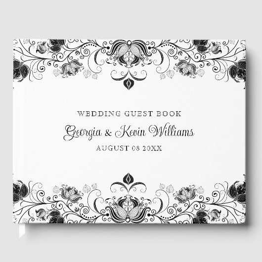 Zwarte bloemenrand op wit gastenboek (Voorkant)