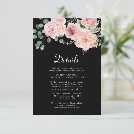 Zwarte bloemenroze Waterverf Trouwdetails Informatiekaartje (Staand voorkant)
