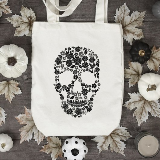 Zwarte Bloemenschedel Boodschappentas Tote Bag