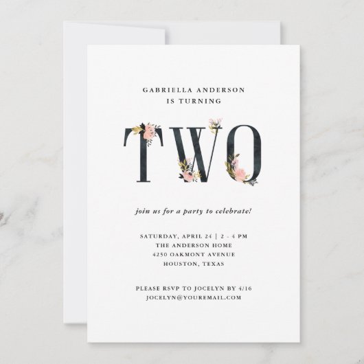 zwarte bloementekst | Tweede verjaardag feest Kaart (Voorkant)