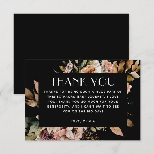 Zwarte bloemige bruidsdouche | Boho romantische he Bedankkaart (Voorkant / Achterkant)