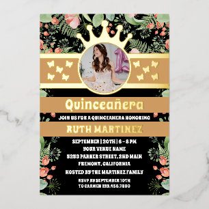 Zwarte bloemige gouden vlinder Quinceanera-foto Folie Uitnodiging