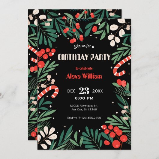 Zwarte bloemige kerst verjaardag kaart (Voorkant / Achterkant)