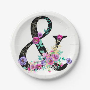 Zwarte Bloemige Moderne Ampersand Chic Lente Bruil Papieren Bordje