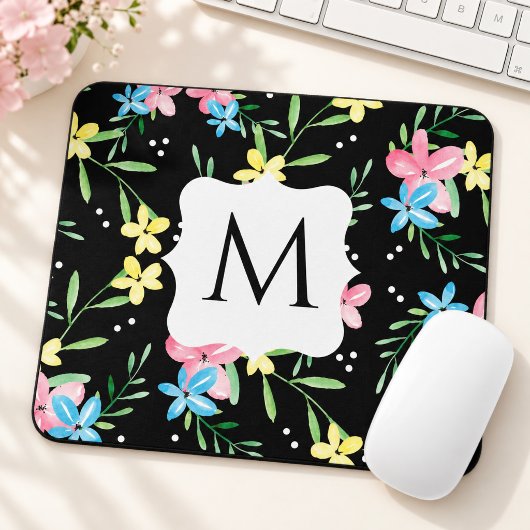 Zwarte Bloemige Monogram Muismat