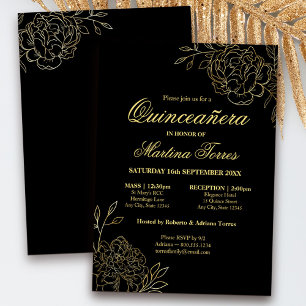 Zwarte bloemige Quinceanera-uitnodiging met gouden Kaart