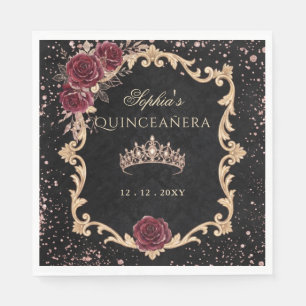 Zwarte Bloemige Rode Roze Gouden Tiara Foto Quince Servet