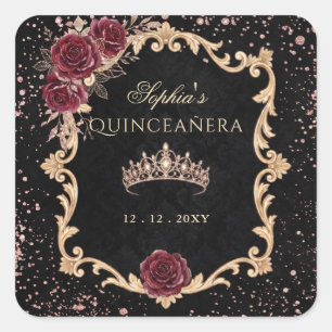 Zwarte Bloemige Rode Roze Gouden Tiara Foto Quince Vierkante Sticker
