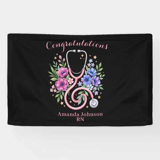 Zwarte bloemige roos afstuderen spandoek (Horizontaal)
