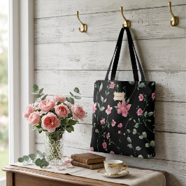 Zwarte bloemige roze bloemenpatroon trendy klassie tote bag