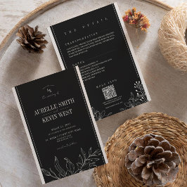 Zwarte Bloemige Rustieke Elegante Details QR Trouw Kaart