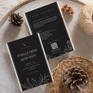 Zwarte Bloemige Rustieke Elegante Details QR Trouw Kaart