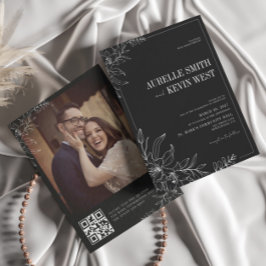 Zwarte Bloemige Rustieke Elegante Foto Achter QR B Kaart