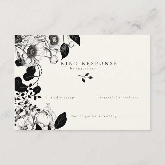 Zwarte bloemige trouw RSVP kaart (Voorkant)