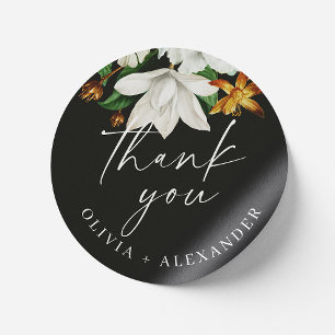 Zwarte bloemige trouw-sticker met botanische bloes ronde sticker