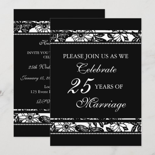 Zwarte Bloemige Uitnodiging voor 25-jarig Jubileum (Voorkant / Achterkant)