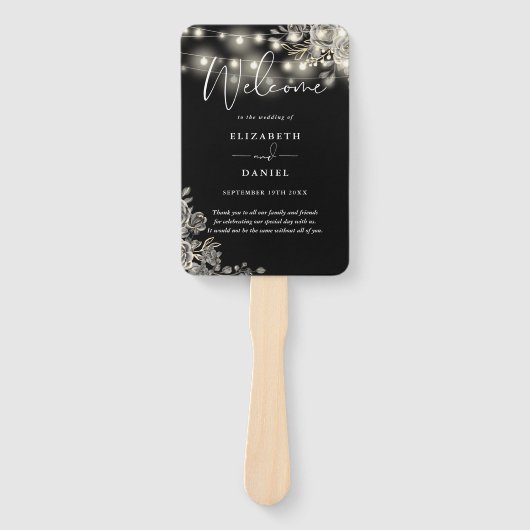 Zwarte bloemlichten Gotisch bruiloftsprogramma Handwaaier (Voorkant)