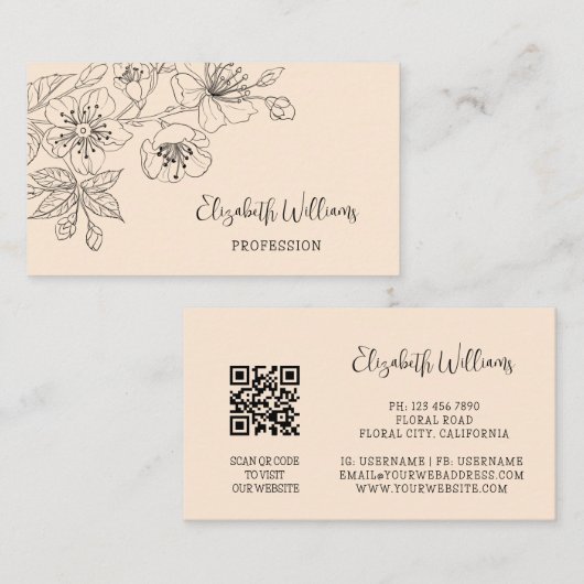 Zwarte bloemlijn kunst botanische QR-code Visitekaartje (Voorkant / Achterkant)