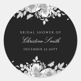 Zwarte bloemlijn kunst bruidsmeisjesfeest ronde sticker