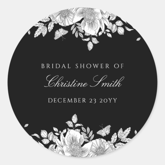 Zwarte bloemlijn kunst bruiloftsborrel ronde sticker (Voorkant)