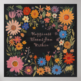 Zwarte Bloemprint - Folk Art Floral - Geluk Poster