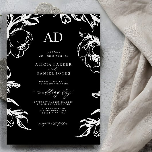 Zwarte bloemrijke elegante bruiloft kaart