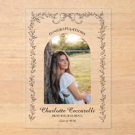 Zwarte Bloemrijke Elegante Lijst Foto Afstuderen Acryl Uitnodigingen