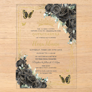 Zwarte bloemrozen Gouden Vlinders Quinceanera 15 Acryl Uitnodigingen
