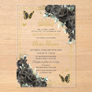 Zwarte bloemrozen Gouden Vlinders Quinceanera 15 Acryl Uitnodigingen