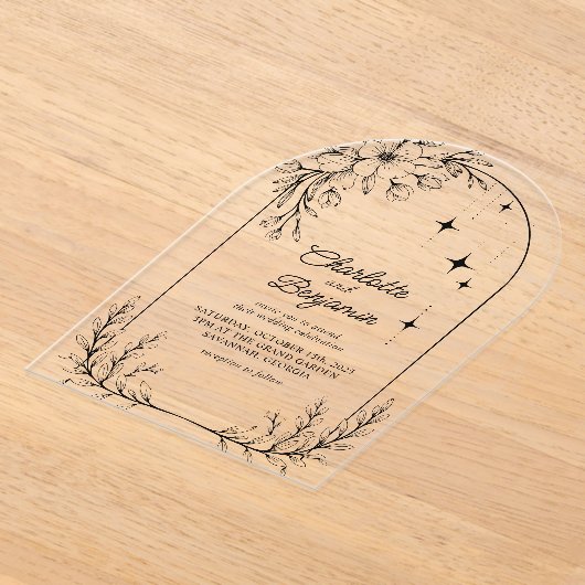 Zwarte Bloemster Moderne Boog Huwelijk Acryl Uitnodigingen (Laagn)