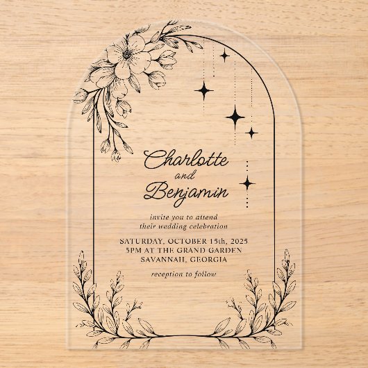 Zwarte Bloemster Moderne Boog Huwelijk Acryl Uitnodigingen (Voorkant)