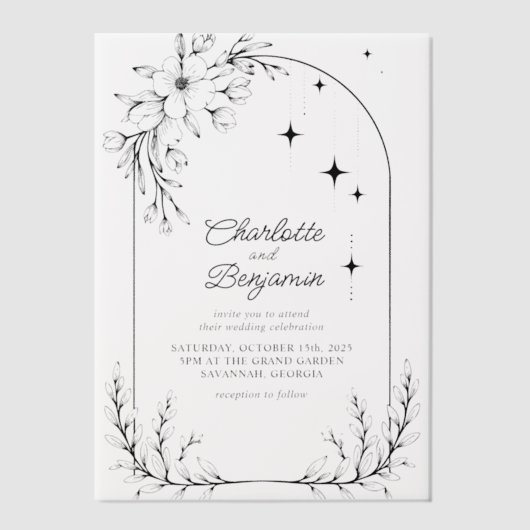 Zwarte Bloemster Moderne Boog Huwelijk Vellum Uitnodigingen (Voorkant)