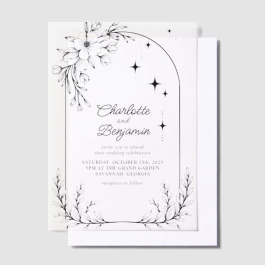 Zwarte Bloemster Moderne Boog Huwelijk Vellum Uitnodigingen (Offset)