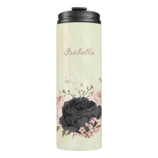 zwarte blos rozige bloemen thermosbeker (Voorkant)