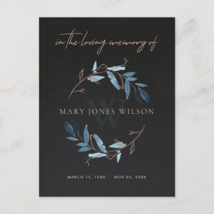 ZWARTE BLUE PINK FOLIAGE WREATH MEMORIAL DANK U UITNODIGING BRIEFKAART