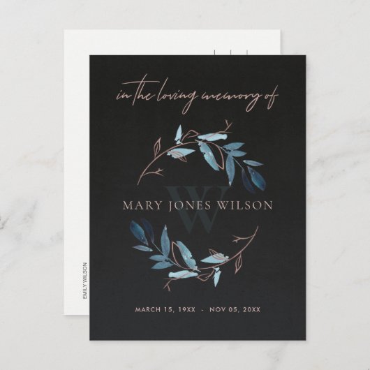 ZWARTE BLUE PINK FOLIAGE WREATH MEMORIAL DANK U UITNODIGING BRIEFKAART (Voorkant / Achterkant)