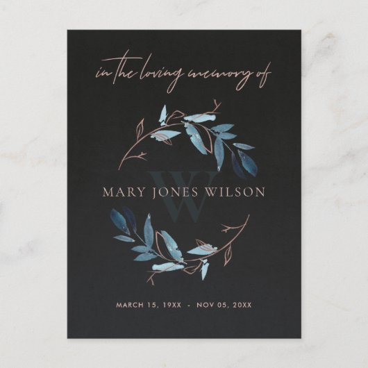 ZWARTE BLUE PINK FOLIAGE WREATH MEMORIAL DANK U UITNODIGING BRIEFKAART (Voorkant)
