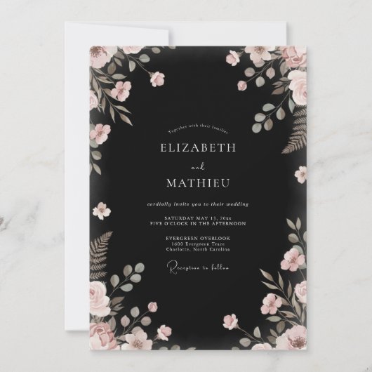 Zwarte Blush Loof Eucalyptus Bruiloft Kaart (Voorkant)