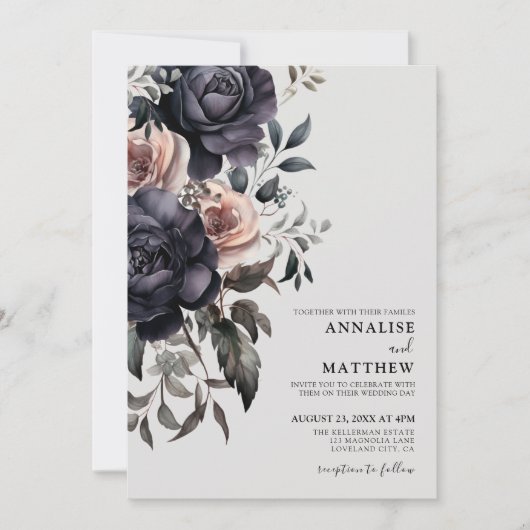 Zwarte Blush Roze Bloemen Huwelijk Kaart (Voorkant)