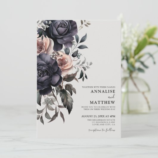 Zwarte Blush Roze Bloemen Huwelijk Kaart (Staand voorkant)