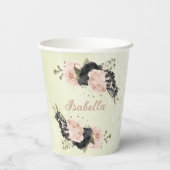 Zwarte blush roze bloemen papieren bekers (Achterkant)
