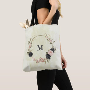 Zwarte blush roze bloemen tote bag
