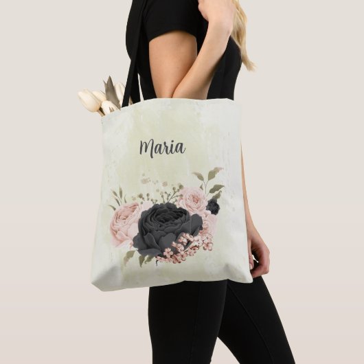 Zwarte blush roze bloemen tote bag (Dichtbij)
