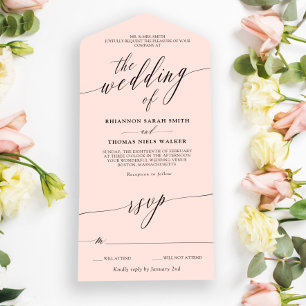 Zwarte Blush Roze Delicate Calligraphy Bruiloft All In One Uitnodiging