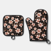 Zwarte Blush Roze Gouden Rozen Bruiloft Ovenwant & Pannenlap Set (Voorkant)