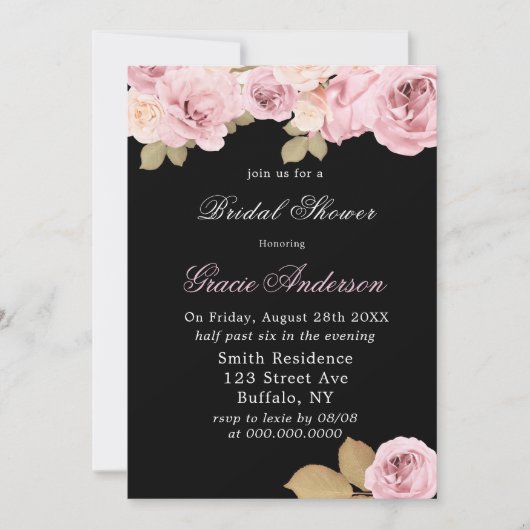 Zwarte Blush Roze Rozen Bruiloft Feest Uitnodiging (Voorkant)