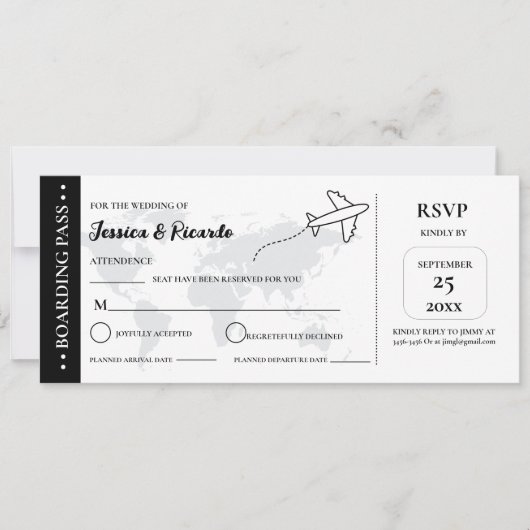 Zwarte boarding pass bruiloft RSVP-behuizing kaart (Voorkant)