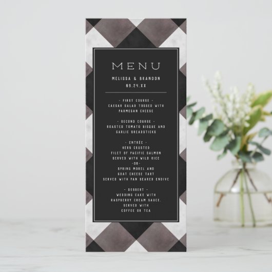 Zwarte boerderij Buffalo Plaid Check Trouwdiner Menu (Staand voorkant)